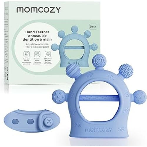 Momcozy Baby Teether Toys | Silicone Teether for 0-12 Months | Blue | |Baby Teething Relief |Adjustable Teething Mitten