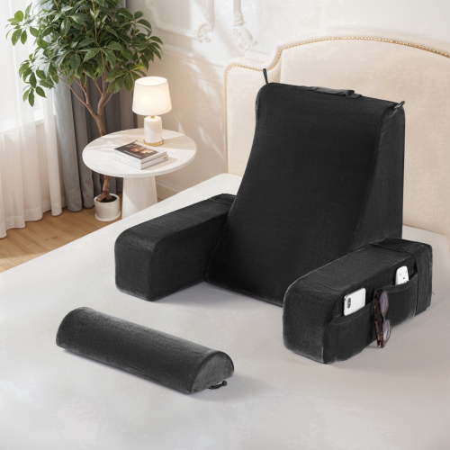 Sonoro Kate Reading Pillow for Sitting in Bed Adult, Large Backrest Support Pillow with Arms, Ergonomic Wedge Cushion for Reclining, Watching TV, Resting, Queen, Black