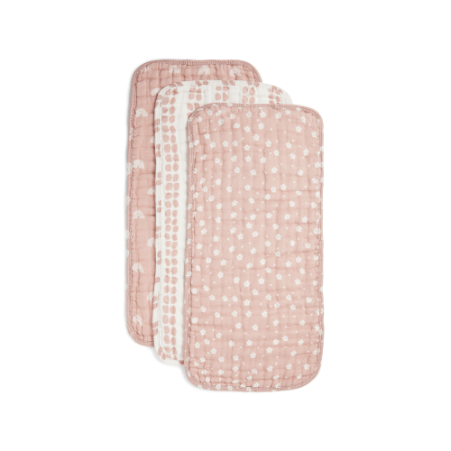ORGANIC MUSLIN BURP CLOTHS, 3 PACK (DESERT PINK + IVORY)