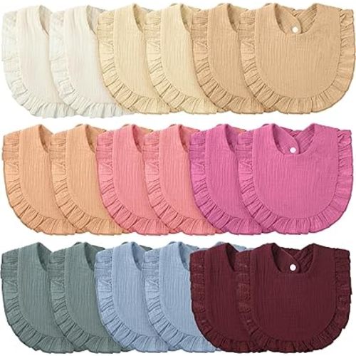 Kenning 18 Pcs Muslin Drool Baby Bibs Ruffle Absorbent Bib with Snap Button Boy Girl for Drooling Teething Infant Newborn