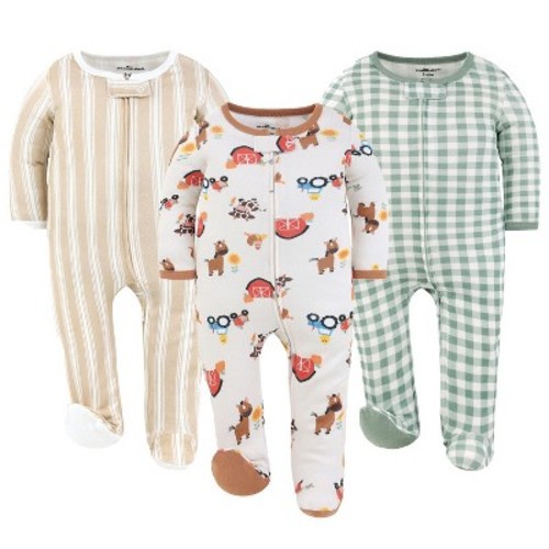 The Peanutshell Cozy Farm Footed Baby Sleepers for Boys and Girls, 3-Pack, 3-6 Months