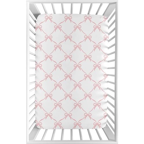 Sweet Jojo Designs Baby Fitted Mini Crib Sheet (Pink Bows) for Girls, Newborn/Infant Nursery, Play Yards, Portable Cribs (Blush Bow for The Ballerina Dancer, Princess, Ballet Collection)