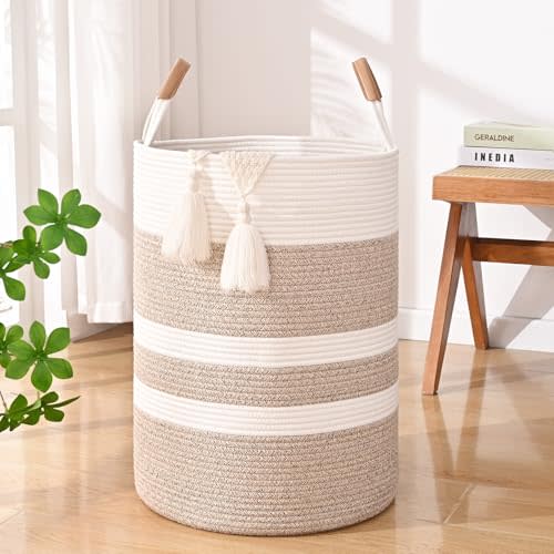 60L Striped Laundry Basket, Brown Laundry Hamper with Leather Handles, Woven Cotton Rope Storage Bin for Blankets, Nursery Hamper for Clothes, Toys In Bathroom, Livingroom, Bedroom
