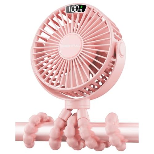 SWEETFULL Portable Stroller Fan with Display 4000mAh Battery Powered Mini Clip On Fan, 4-Speed Rechargeable Small Personal Cooling for Baby Car Seat Crib Travel - Pink