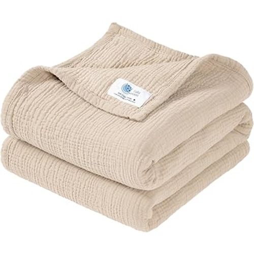 lulumoon Muslin Baby Blanket Neutral: 100% Cotton Crib Blanket for Toddler & Infant - 4-Layers Breathable for Travel Stroller & Nursery Daycare 47"x47"(Ivory)