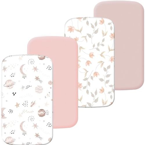 4 Pack Baby Bassinet Sheets 20" x 33" Fit for Baby Delight, BCOL, Jimglo, Angelbliss, Maxi-COSI & Most Regular Bedside Sleeper- Soft Breathable Bassinet Fitted Sheets for Girl - Light Pink & Star