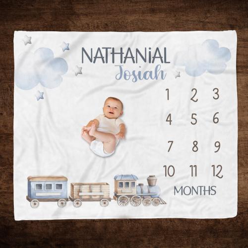 Baby Boy Personalized Train Milestone Blanket, Track Baby Growth, Boy Milestone Train Theme, Monthly Photo Blanket, Custom Name Boy Gift