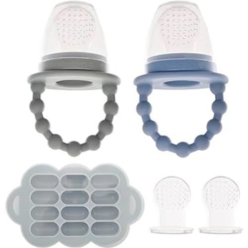 WeeSprout Silicone Baby Food Feeders + Freezer Tray for Batch Prep, Set of 2, Introduce New Foods Safely, Double as Teething Toys, Includes 2 Extra Pouches & Travel Lids, Dishwasher Safe