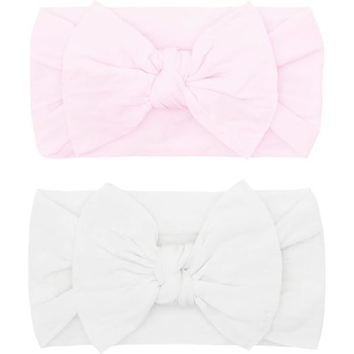 Baby Bling Bows - Newborn to Little Baby Girl Bows, 2 Pack Nylon Super Soft Stretchy Knot Toddler Headbands, Perfect Hair Accessories Head Bands for Infant Kids(Pink & White)