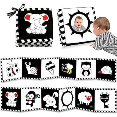 Black and White Baby Toys 0-3 Months High Contrast Newborn Toys Tummy Time Toys Montessori Toys for Babies 0-6 Months Infant Sensory Soft Baby Book Toys 0 3 6 9 Months with Mirror Baby Gifts