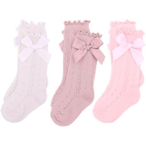 Sugarmelon Baby Girls Ruffle Socks with Bows Infant Toddler Kids Long Stockings Mesh Knee High Socks