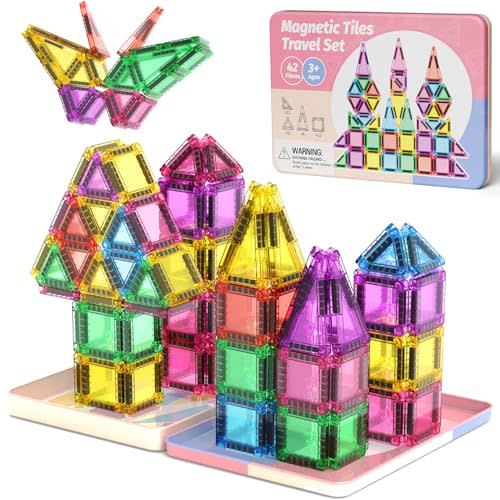 Mini Magnetic Tiles with Iron Box, 42PCS Travel Size Magnet Building Blocks Toy Set, Protable Construction Block Toys Educational Learning Sensory Toys for 3+ Year Old Boys Girls Birthday Gift