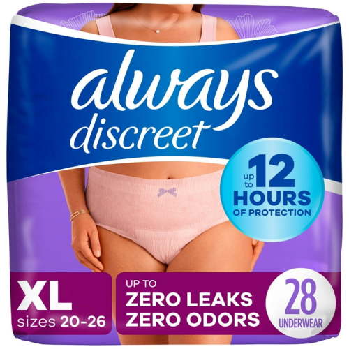 Always Discreet Adult Incontinence Underwear for Women and Postpartum Underwear, XL, Up to 100% Bladder Leak Protection, 28 CT