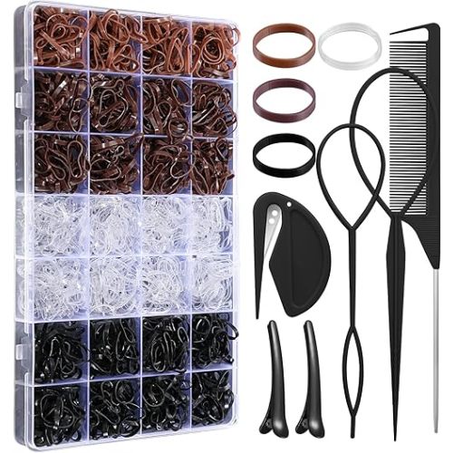 1500 Pcs Hair Bands in 4 Natural Colors - Rubber Hair Ties with Organizer Box and 6 Styling Tools for Women, Girls, Kids