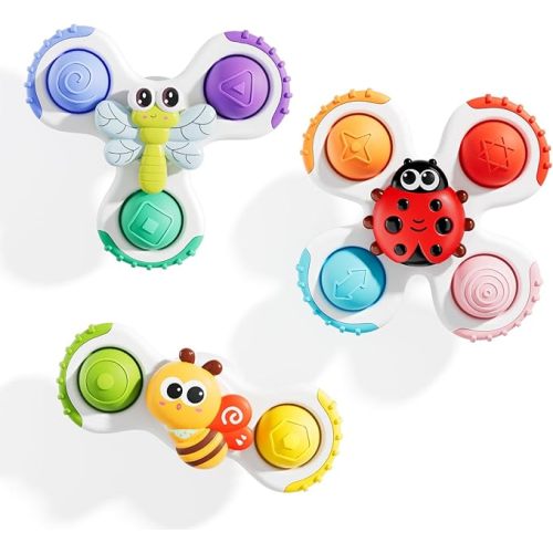 ALASOU 3PCS Pop Suction Cup Spinner Sensory Airplane Travel Toys for 1 Year Old Boy Girl Infant Toddlers|Novelty Spinning Tops 12 18 Months|1 2 Year Old Boy Birthday Gift|Baby Bath Toy Kids Ages 1-3