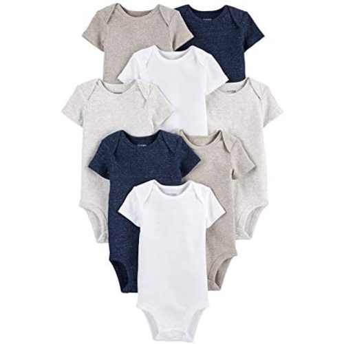 Simple Joys by Carter's Unisex Babies' Short-Sleeve Bodysuit, Pack of 8 - 0-3 Months - Navy Heather/White/Oatmeal