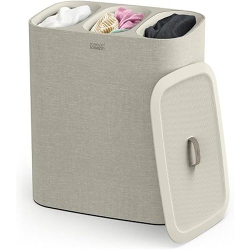 Joseph Joseph Tota Trio 90 liter/23.8 gallon Laundry Hamper Separation Basket with lid, 3 Removable Washing Bags with Handles- Ecru