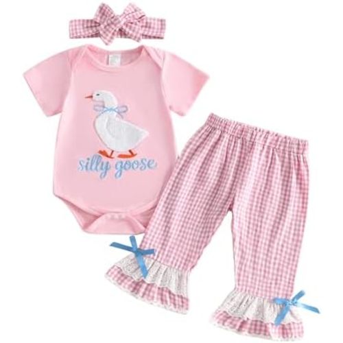 Infant Baby Girl Outfit Silly Goose Print Crewneck Short Sleeve Romper Flare Pants Set Newborn Summer Clothes Headband