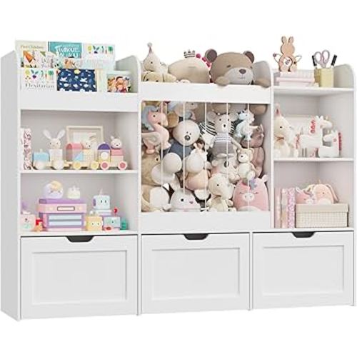 61" W Extra Large Kids Toy Storage Organizer with Bookshelf and Stuffed Animal Storage, 3 Large Movable Drawers, 4 Compartments & 3-Tier Shelves for Kids Room, Playroom, White