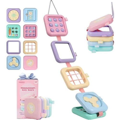 GRESEESM Montessori Toys for 1 Year Old Girls Gifts, Toddler Busy Board, Baby Learning Travel Sensory Toys for Toddlers 1-3, 1st Birthday Gifts, Easter Basket & Stocking Stuffer, Macarons