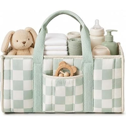 Checkered Diaper Caddy Organizer,Baby Essentials Storage Basket,Green
