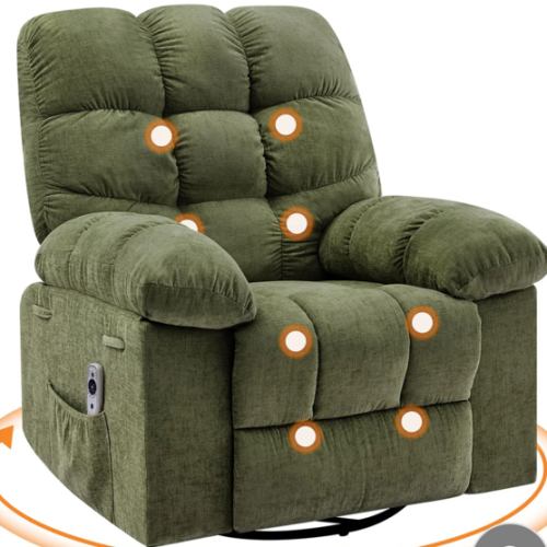 Garvee Swivel Rocker Recliner Chair with Massage and Heat, Oversized Linen Fabric, Deep Seat, High Backrest, Green for Living Room