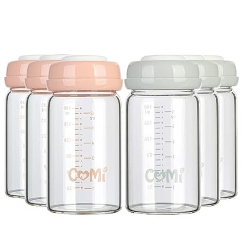 COMI Wide Neck Glass Breastmilk Collection n Storage Bottle, 4 Packs, 6oz with Screw Ring Sealing Disk; Re-markable Sealing Disc. BPA Free, Fits Breast Pumps & Nipples (4 Gray Lids)