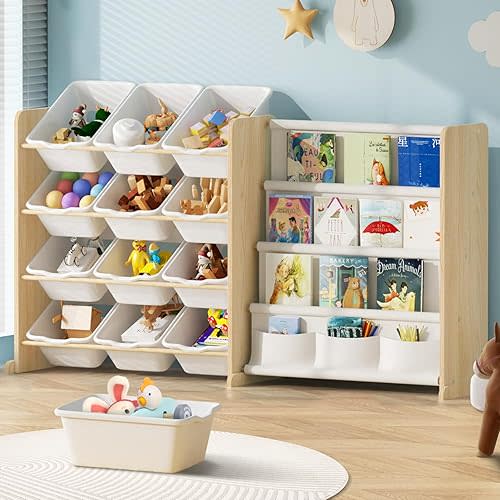 Kids Toy Storage Organizer - Toy Organizer with Bookshelf, 12 Bin and 4 Shelf Storage, Playroom, Nursery, Kids Room Organizer, Burlywood