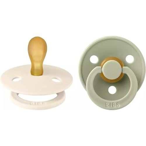 BIBS Pacifiers Colour Collection | Natural Rubber Baby Pacifier | Round Nipple | Set of 2 BPA-Free Soothers | Made in Denmark | 0+ Months (Pack of 2) | Sage/Ivory