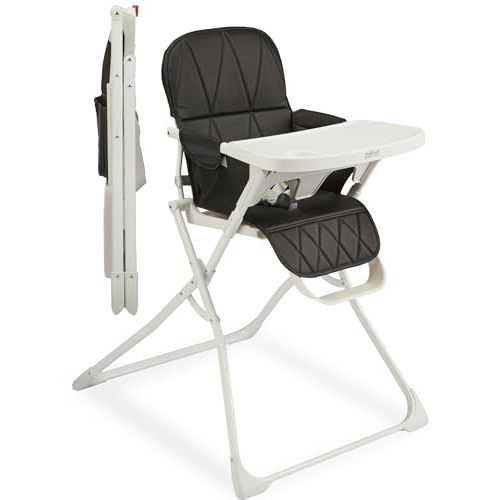 Primo PopUp Folding High Chair for Baby Age 6 to 36 Months - Black Folding Beach Style High Chair with Removable Dishwasher Safe Tray, 3pt Safety Harness, Leatherette Seat - Space Saving Design