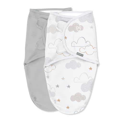 SwaddleMe by Ingenuity Ingenuity Original Baby Swaddle, Space & Clouds | 100% Cotton, Improves Sleep & Calms Startle Reflex, 0-3 Months (7-14 lbs), Up to 26 Inches Long, 1.0 TOG, 2-Pack, Newborn