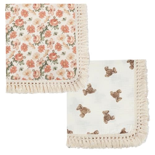 insular Cotton Muslin Baby Blanket with Tassel, Boho Bohemian Muslin Swaddle Blanket Baby Receiving Blanket with Fringe, Nursery Decor Throw or Nursing Blankets, 47" x40”, 2 Pack, Floral&Bear