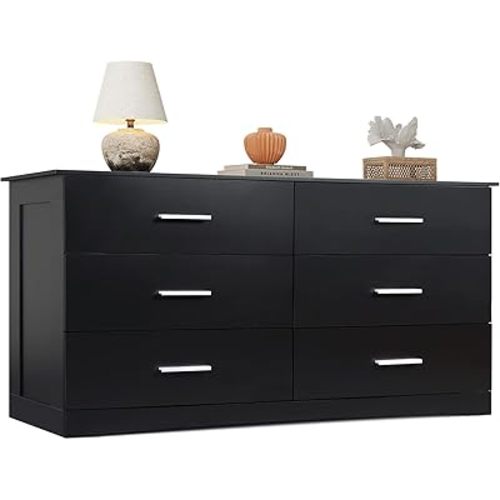 WLIVE Wood Dresser for Bedroom, Wide Chest of Drawers with 6 Drawer, Oak Furniture Large Storage Tower Unit, Closet Store Organizer for Living Room, Hallway, Long Nightstand, Modern Minimalist Black