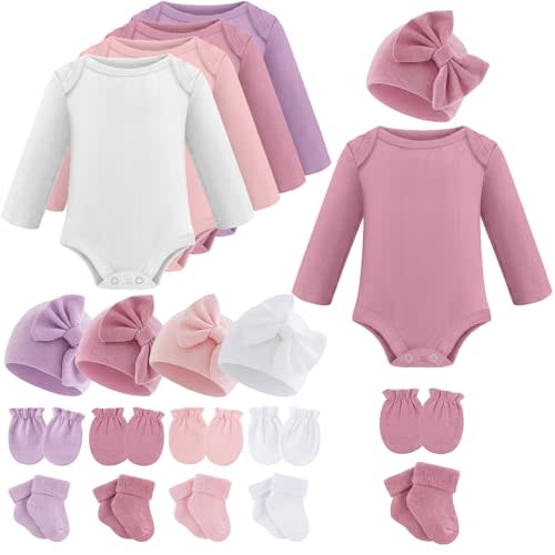 Liitrsh 4 Set Preemie Layette Bodysuit Long Sleeve Outfit Clothes Hat Mittens Socks for Nicu Premature Baby Boys Girls Gifts