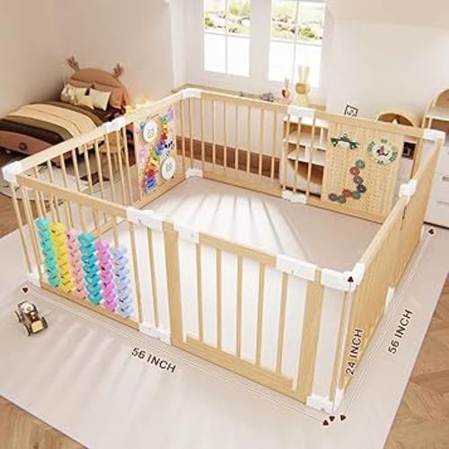 Baby Playpen - Adjustable Multi-Shape Wooden Play Yard, Portable Collapsible Activity Center with Baby Fence Play Area & Toys for Infants, Toddlers (57x57x24inch)