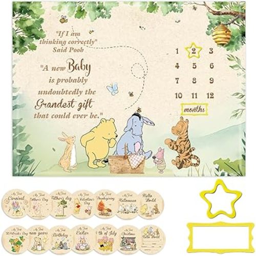 Winnie Milestone Blanket for Baby Boy,The Pooh Baby Monthly Growth Photo Blanket,Newborn Photography Background Decor, with 7pcs Double-Sided Printed Holiday Cardstock