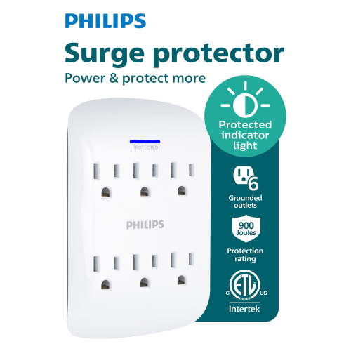 Philips 6-Outlet Surge Protector Tap, 900 Joules - SPP3461WA/37