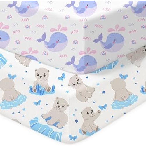 Pack N Play Sheets Fitted, 2-Pack Fit for Standard Pack N Play Mattress, Mini Crib Sheets,Breathable Soft Unisex Playard Sheets