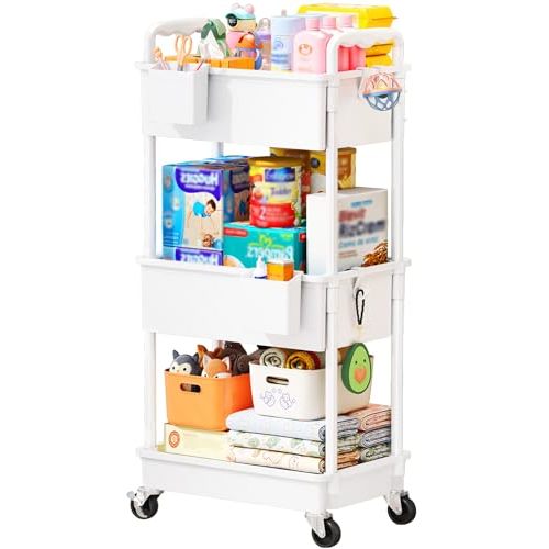 SUNALLY Baby Diaper Caddy Cart, 3 Tier Rolling Diaper Cart with Lockable Wheels for Nursery Essentials, Large Capacity & Easy Assemble Diaper Storage Organizer for Newborn,New Mom, White