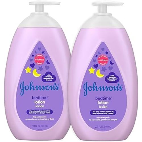 Johnson's Moisturizing Bedtime Baby Lotion with Coconut Oil & NaturalCalm Aromas to Help Relax Baby, Mild, Hypoallergenic & Paraben-, Phthalate- & Dye-Free, Twin Pack, 2 x 27.1 fl. oz