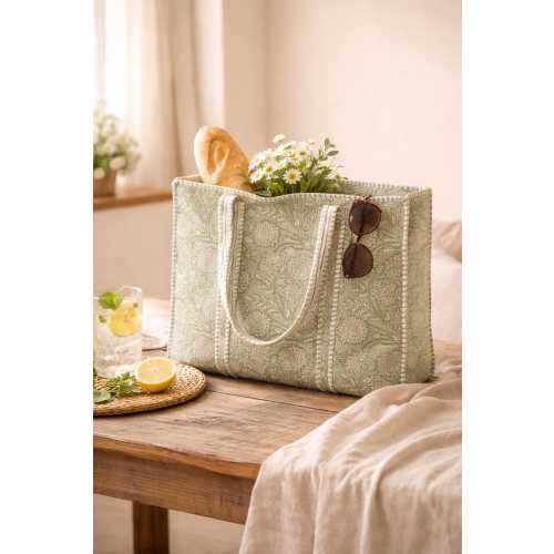 Quilted Floral Tote Bag | Handmade Cotton Shoulder Bag | Blue Floral Quilted Tote | Reusable Boho Shopping Tote | Cotton Shoulder Bag