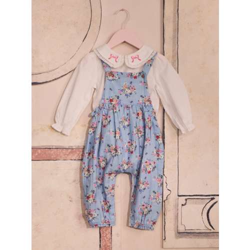 Cath Kidston Blue Floral Baby Woven 100% Cotton Dungarees & Long Sleeve Blouse Set