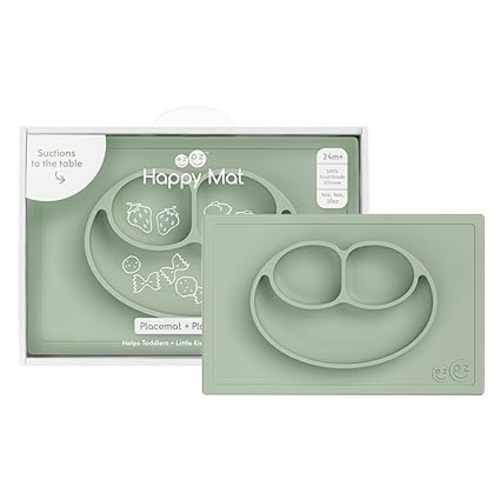 ezpz Happy Mat (Sage) - 24 Months+ - 100% Silicone Suction Placemat + Divided Plate with Three Compartments - Toddler + Preschool Essentials