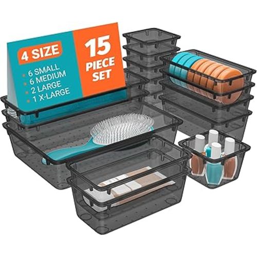 15 PCS Clear Plastic Drawer Organizer Set, 4-Size Acrylic Drawer Storage Trays, Storage Bins for Makeup, Gadgets, and Jewelry in Bathroom, Bedroom and Office, Clear Black