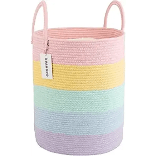 XUANGUO Rope Laundry Basket Hamper for Kids Girl Woven Storage Basket for Living Room Bedroom Boho Tall Baskets for Blanket Toys Pillow Towels Baby Nursery Hamper Bin rainbow