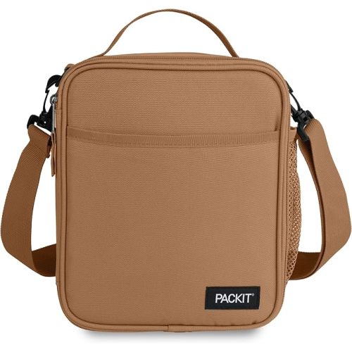 PackIt® Freezable Crossbody Lunch Box, Almond, Built with EcoFreeze® Technology, Fully Freezable, Collapsible, Reusable, With Top Handle, Front Slip Pocket. Effortlessly Carry, Fresh Every Time.