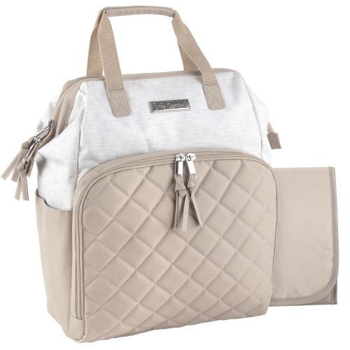 Baby Essentials Super Cooler Main Frame Dual Zipper Closure Diaper Bag Backpack Tote with Matching 6-Ply Changing Pad, Insulated Bottle Pockets and Stroller Straps in Crème and Taupe