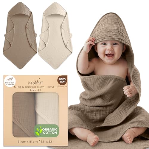 infancie Organic Cotton Muslin Baby Hooded Towels - 32x32 Inch, 2 Pack Newborn Bath Towels for Boys & Girls, Soft & Absorbent Bath Set (Olive/Ivory)