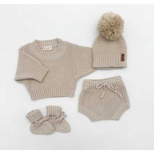 Knit Baby Sweater Bloomer Set: Cotton Beanie & Booties - Quincy Tau