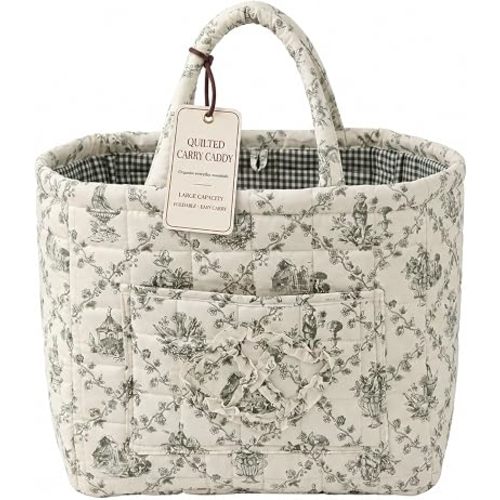 Quilted Car Storage Basket Tote Bag and Diaper Caddy for Moms (Sage Toile)